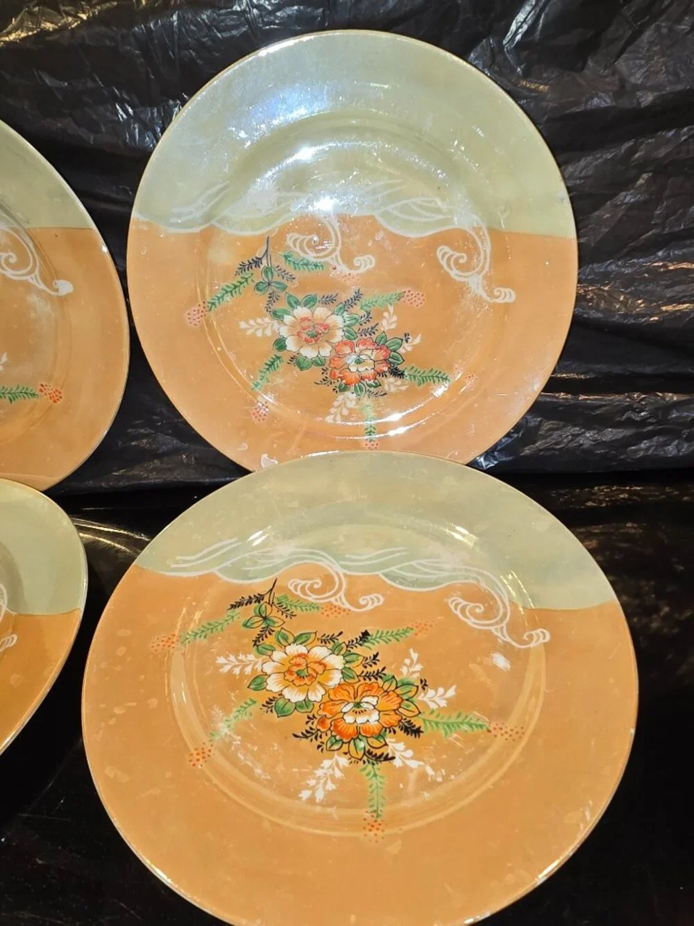 Japanese Lusterware Set of 6 Plates Hand painted Floral Peach Waves Blue 7.25